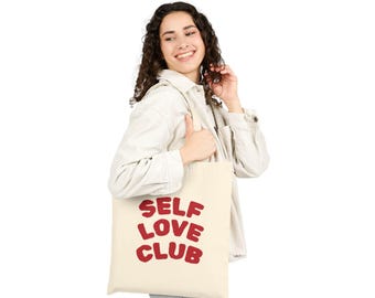 Self Love Club Canvas Tote Bag | Feminist Affirmation, Red Hearts