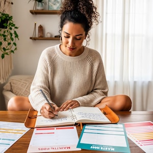 May include: A person writing in a notebook on a wooden table. The table has several colourful planning sheets and two clear quartz crystals. They are wearing a cream-coloured jumper. The room has plants and a macrame wall hanging.