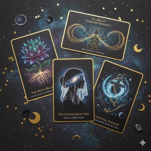 Könnte beinhalten: Vier Tarotkarten mit goldenen Rändern und himmlischen Illustrationen sind auf einem dunklen Hintergrund mit Sternen und Monden angeordnet. Die Karten zeigen Bilder einer Lotusblume, einer verschleierten Figur, eines Ankers und einer Figur mit ausgestreckten Armen. Der Text auf den Karten lautet "STARDUST ARCHITECT."