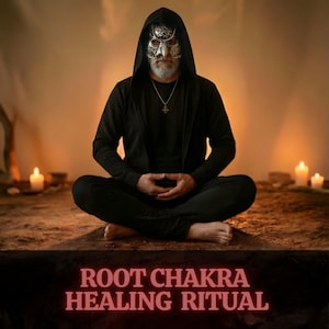 Op de afbeelding: Een persoon in een zwarte capuchon en masker zit in kleermakerszit te mediteren. De afbeelding is geplaatst in een zwak verlichte kamer met kaarsen en de tekst "ROOT CHAKRA HEALING RITUAL" onderaan. De persoon draagt een zilveren masker en een ketting.