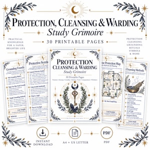 以下が含まれることがあります： 「Protection, Cleansing & Warding Study Grimoire」と題された30ページの印刷可能なデジタルコレクション。黒いテキスト、植物のイラスト、中央の鍵、クリスタルが描かれており、グラウンディングやシンボルに関するセクションが含まれています。