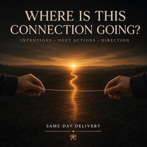 Puede incluir: Un gráfico con el texto WHERE IS THIS CONNECTION GOING? INTENTIONS NEXT ACTIONS DIRECTION y SAME DAY DELIVERY. Dos manos sostienen una cuerda horizontal fina frente a un paisaje oscuro con un camino dorado hacia el atardecer.