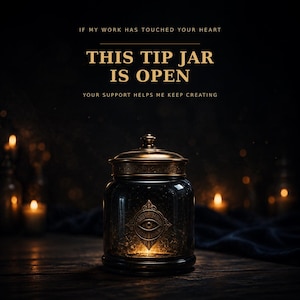 May include: A dark glass jar with a metallic lid and an eye emblem on the front. The text reads: IF MY WORK HAS TOUCHED YOUR HEART, THIS TIP JAR IS OPEN, YOUR SUPPORT HELPS ME KEEP CREATING. The jar is illuminated from within by a warm light.