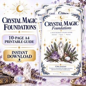 Guía de Fundamentos de Magia con Cristales, Correspondencias para Principiantes, Métodos de Limpieza, Páginas del Grimorio, PDF Imprimible en formato A4