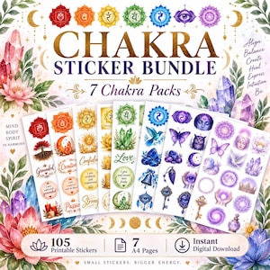 Può includere: Un pacchetto digitale di adesivi chakra con sette pagine A4 e 105 adesivi stampabili. Il design include simboli chakra colorati, cristalli, fiori di loto e motivi celesti con il testo CHAKRA STICKER BUNDLE e 7 Chakra Packs.