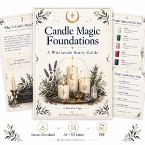 May include: A digital study guide titled Candle Magic Foundations featuring a central illustration of three lit candles on a tray with lavender and crystals, surrounded by informational pages about candle types, uses, and ritual steps.