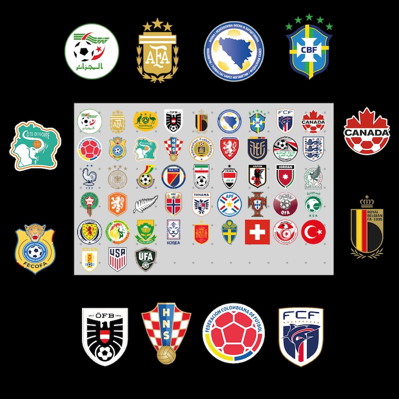 K&ouml;nnte beinhalten: Eine Sammlung von Fu&szlig;ball-Teamlogos, die verschiedene nationale und regionale Embleme zeigen. Die Logos weisen eine Vielzahl von Designs und Farben auf, darunter Gr&uuml;n, Gold, Rot und Blau. Einige Logos enthalten Text, andere ikonische Symbole.