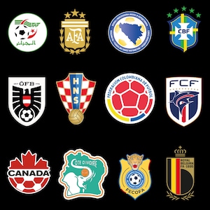May include: A collection of colorful soccer team logos, including Algeria, Argentina, Bosnia and Herzegovina, and Brazil. Each logo features unique designs, colors, and text, representing different national teams.