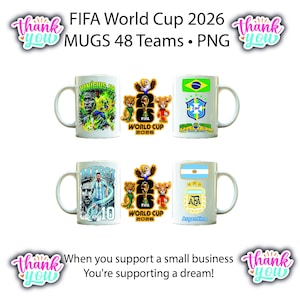 Puede incluir: Tazas de cer&aacute;mica blanca con dise&ntilde;os de la Copa Mundial de la FIFA 2026. Las tazas muestran retratos de jugadores, banderas de equipos y el logotipo de la Copa Mundial de la FIFA 2026. El texto en las tazas incluye nombres de jugadores y equipos. El texto "When you support a small business, you're supporting a dream!"
