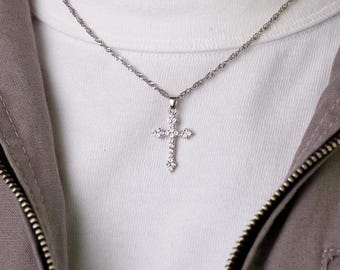 Y2K Silver Diamond Cross Necklace, Rhinestone Pendant, 20in Chain