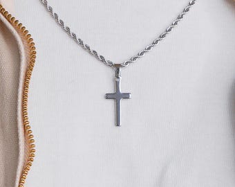 Silver Cross Pendant Necklace, Minimalist Flat Cross Charm, Rope Chain | Religious Spiritual Everyday Jewelry, Unisex, 22 in