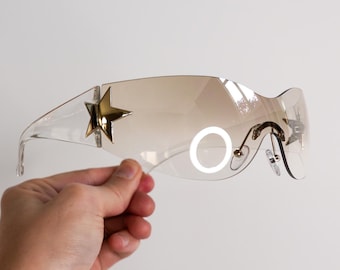 Y2K Clear Star Wrap Sunglasses, Bratcore Rimless, Gradient Lenses