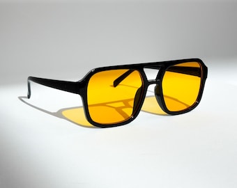 Y2K Square Gold Yellow Lens Sunglasses, Black Frame, 90s Dommer