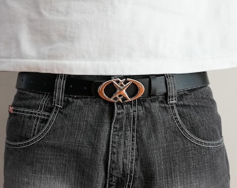 Y2K Black Leather Belt Chrome Star Buckle, Silver, 41in Adjustable
