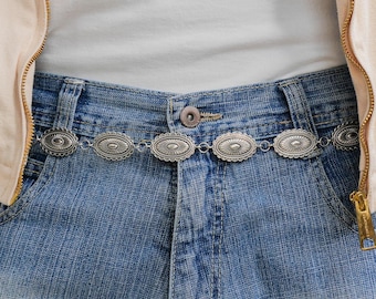 Silver Concho Chain Belt, Oval Medallion Links, Lobster Clasp, Adjustable Extender Chain | Western Boho Y2K Style, Women's