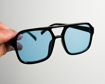 Y2K Square Blue Lens Sunglasses, Black Frame, 90s Dommer