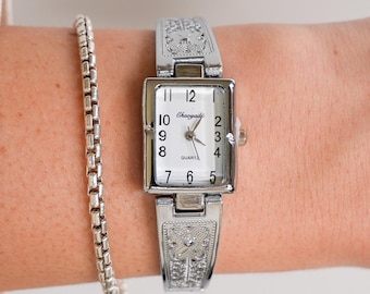 Y2K Silver Rectangle Stainless Steel Quartz Watch, All Metal Band, 8in