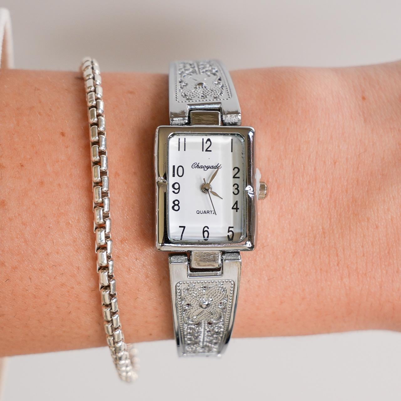 Y2K Silver Rectangle Stainless Steel Quartz Watch, All Metal Band 