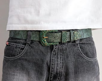 Y2K Green Western Floral Belt Boho, Gold Brass Buckle, 43in Adjustable