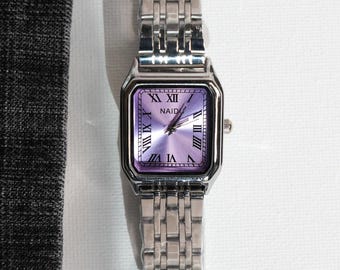 Y2K Purple Square Face Silver Stainless Steel Watch, Roman Numerals, Adjustable