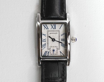 Y2K Silver Rectangle Old Money Watch, Roman Numerals, Black Leather Strap, 9in