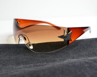 Y2K Brown Star Wrap Sunglasses, Bratcore Rimless Frameless, Brown Lenses