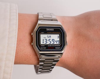 Y2K Retro Silver Digital Watch, Skmei Alarm Chronograph, Black Face, Silver Steel Link Band, 30M Water Resistant, Unisex