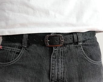 Black Butterfly Floral Buckle Belt, Gunmetal Hardware, 45in Long Adjustable