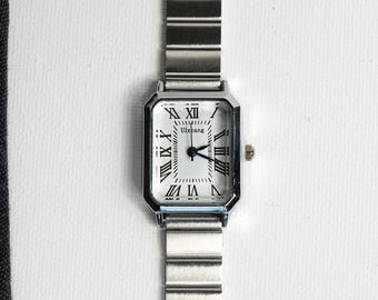 Y2K Silver Rectangle Stainless Steel Quartz Watch, Roman Numerals, Adjustable