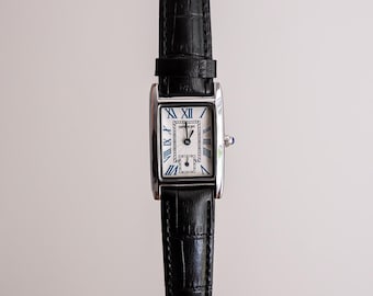 Silver Rectangle Watch | Roman Numeral Dial | Blue Hands | Croc Embossed Black Leather Strap | Y2K Old Money Dress Watch | 9 Inch