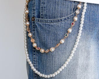 Double Pearl Jean Chain, Faux Pearl Strand + Gold Flower Gem Chain, Clip On Pocket Chain | Y2K Aesthetic Jewelry, Unisex 17 in