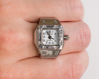 Y2K Watch Ring, Silver-tone Dial, Square Face, Retro Numbers, Stretchy