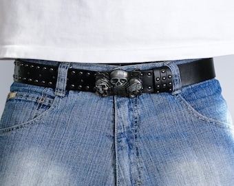 Y2K Black Studded Belt, Three Skull Buckle, See Hear Speak No Evil, Silver Hardware, Punk Grunge Biker Style, Unisex