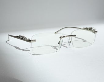 Rimless Clear Lens Glasses, Silver Panther Temple Detail, Frameless Rectangle | Luxury Streetwear Fashion Eyewear, Unisex