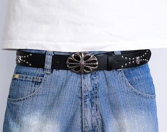 Y2K Black Studded Belt Skull Medallion, Silver Cross Buckle, 43in, Gothic