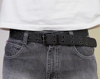 Y2K Black Canvas Grommet Belt, Double Prong Buckle, Dual Row Eyelets, Black Hardware, Adjustable | Punk Skater Emo Style, Unisex