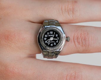 Y2K Watch Ring, Silver-tone Dial, Black Face, Retro Numbers, Stretchy