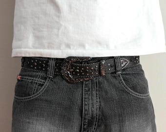 Y2K Black Western Belt Rhinestone Studded, Gems, 44in Adjustable, Goth