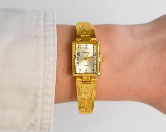 Y2K Gold Rectangle Stainless Steel Quartz Watch, All Metal Band, 8in