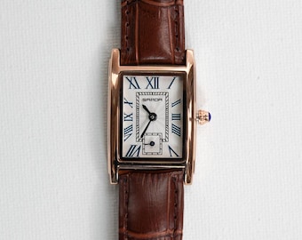 Y2K Gold Rectangle Old Money Watch, Roman Numerals, Brown Leather Strap, 9in