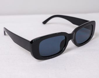 Y2K Rectangle Retro Sunglasses, Black Frame, Dark Lens, Minimalist