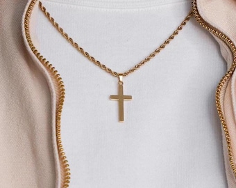 Gold Cross Pendant Necklace, Minimalist Flat Cross Charm, Rope Chain | Religious Spiritual Everyday Jewelry, Unisex, 22 in