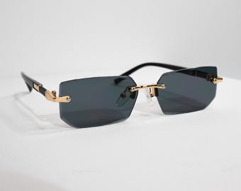 Rimless Rectangle Sunglasses, Dark Grey Lens, Gold Hardware, Black Temples | Y2K Luxury Streetwear Style, Unisex