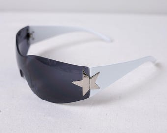 Y2K White Star Wrap Sunglasses, Bratcore Rimless Frameless, Dark Lenses