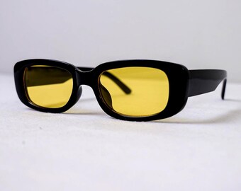 Y2K Rectangle Retro Sunglasses, Black Frame, Yellow Lens, Retro