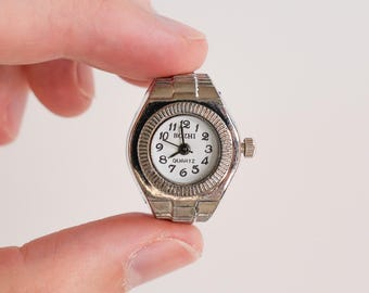 Y2K Watch Ring, Silver-tone Dial, White Face, Retro Numbers, Stretchy