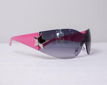 Y2K Pink Star Wrap Sunglasses, Bratcore Rimless, Purple Tinted Lenses