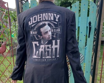 Upcycled Johnny Cash T shirt on Men's Pinstripe Suit Jacket
