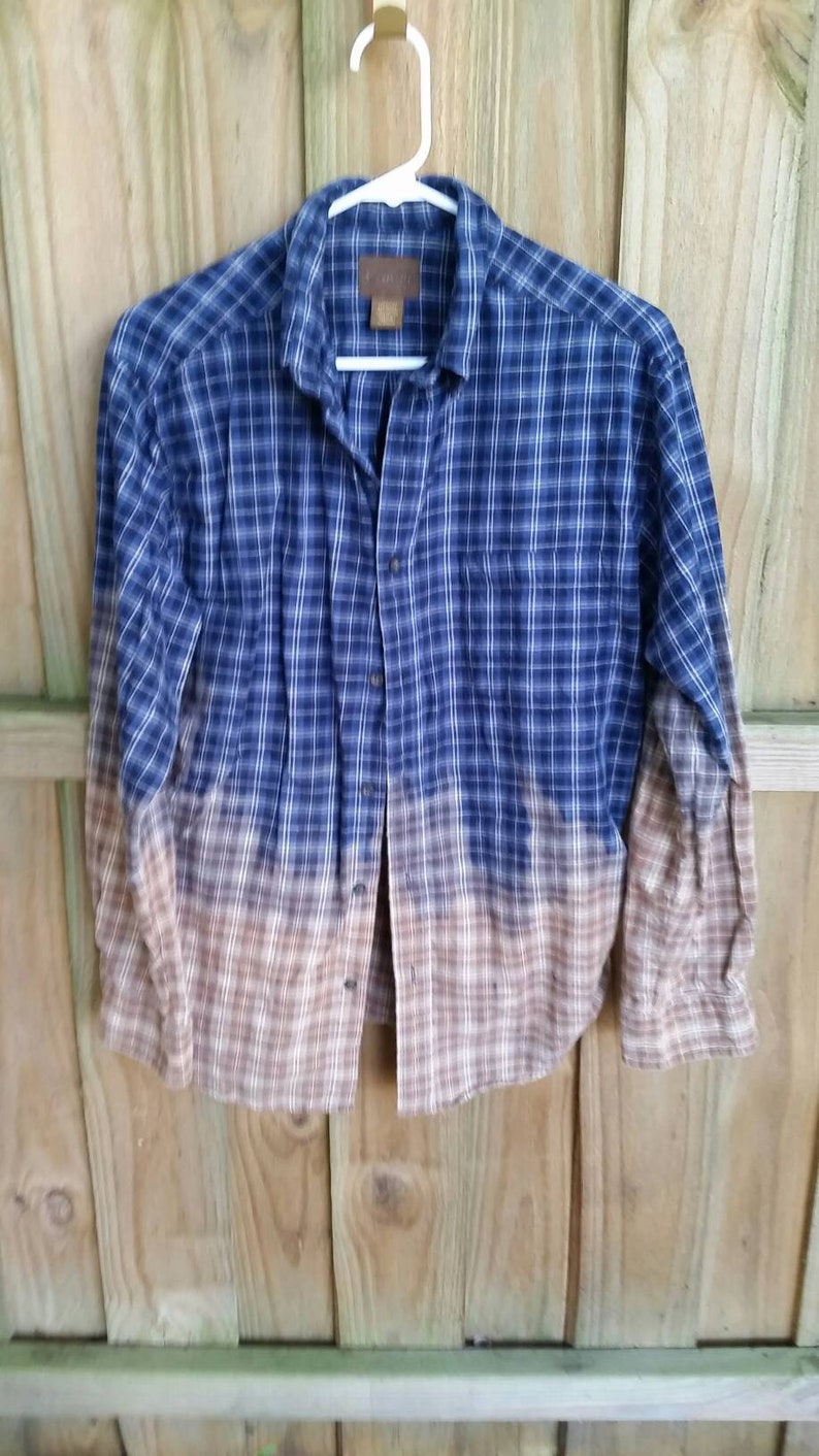 Men/'s Medium Distressed Flannel Shirt Blue Tan