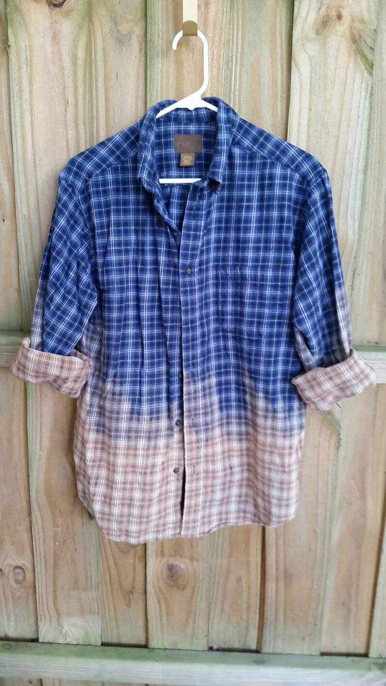Men/'s Medium Distressed Flannel Shirt Blue Tan